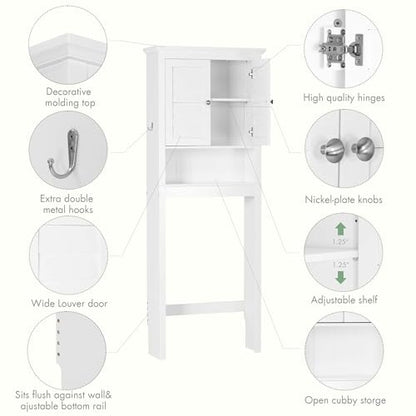 Spirich Over The Toilet Storage Cabinet with Louvered Doors & Hooks, White | Space-Saving Bathroom Organizer, Adjustable Shelf & Bottom Crossbar, 34.4-Inch Clearance, Anti-tip Device, FSC-Certified MDF - style: Louvered Door