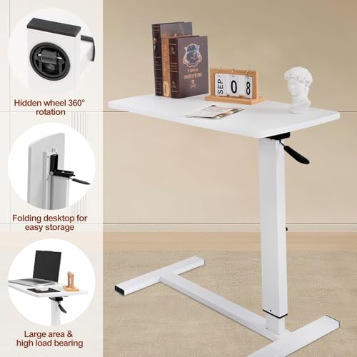 Overbed Bedside Table with Wheels, Adjustable Pneumatic Mobile Standing Desk, Laptop Table Rolling Bed Desk Foldable for Hospital & Home (32" W x 16" D, White) - size: 27“-38”