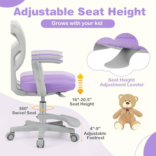 HONEY JOY Kids Desk Chair, Children Study Chair with Adjustable Height/Armrest/Footrest, Swivel Rolling Mesh Task Student Chair, Kids Computer Chair for Teens Girls Boys, Home, School, Office (Purple) - color: Purple