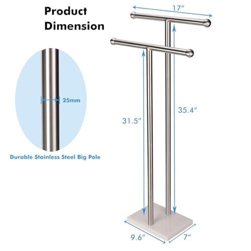 WAYDELI Standing Towel Rack Double-T Shape Tall Bath Towel Sheet Holder with Marble Design Base for Bathroom 2 Tier Towel Holder Stand Stainless Steel (Brushed Nickel) - color: Brushed Nickel