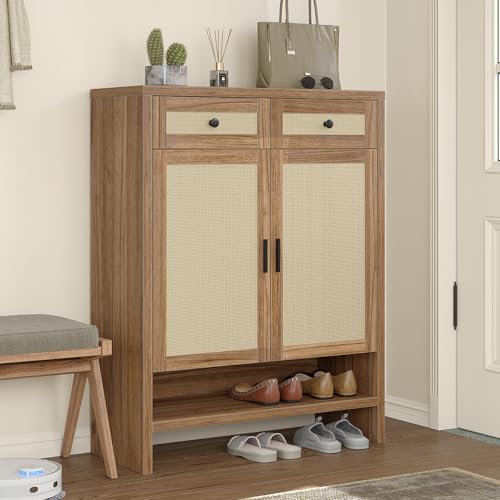 Yanosaku 46" Rattan Shoe Cabinet with 4 Adjustable Shelves & 2 Storage Drawers, Modern Boho Shoe Organizer with Large Tabletop & Open Lower Shelf, Entryway Hallway Cabinet for Shoes and Boots, Walnut