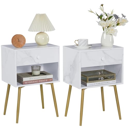 VECELO Nightstands Set of 2, Mid Century Modern End Bedside Table, Night Stand with Storage Drawer and 2 Tiers Open Shelf for Small Place, Bedroom, Living Room, Easy Assembly, White Gold - color: White Gold