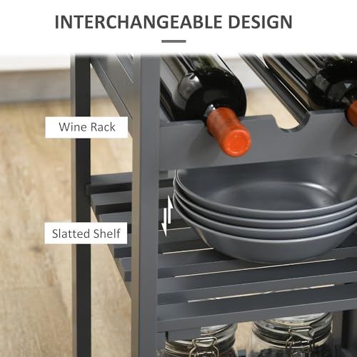 HOMCOM Rolling Kitchen Island with Storage, 4-Bottle Wine Rack, Gray | Small Kitchen Island, Bar Cart with Stemware Holder, Shelves, Drawer and Cabinet