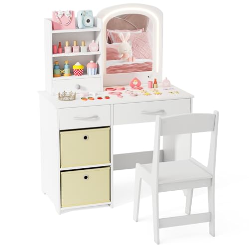 Costzon Kids Vanity with Lights, Princess Makeup Dressing Desk with Mirror and Stool, Storage Drawers, Shelves, Vanity Table and Chair Set for Little Girls (White) - style: White