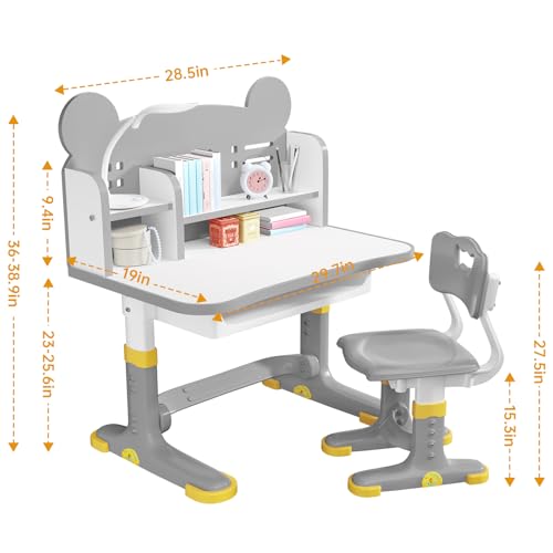 Kids Desk and Chair Set, Height Adjustable Child's School Study Writing Tables, Kids Desk with Bookstand and Storage Drawer, Widened Desktop with Desktop for Boys and Girls (Gray-F) - color: Gray-f