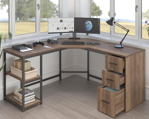LVB Rustic L Shape Computer Desk with File Cabinet, Reversible Corner L-Shaped Desk with Drawers Storage Shelf, Modern Large Wood L Shaped Work Study Writing Gaming Desk Table for Home Office, 60 in - color: Rustic Oak
