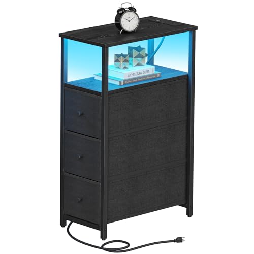 TUTOTAK Narrow LED Night Stand with Charging Station, Slim End Table | Tall Side Table with 3 Fabric Drawer, Small Bedside Table with Storage, for Living Room, Black TB01BK086L - color: Black, size: 1 Pack (3 Drawers), style: Plug & LED