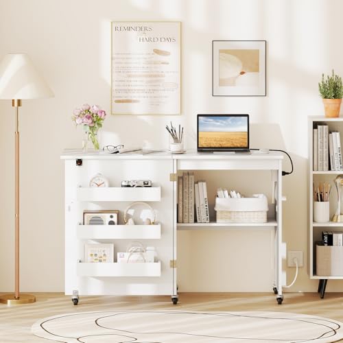 Giantex Folding Sewing Table with Charging Station, Storage Trays & Shelf | Rolling Craft Table with Lockable Wheels, Foldable Sewing Machine Cabinet Desk for Small Spaces, Dorms, White - color: White