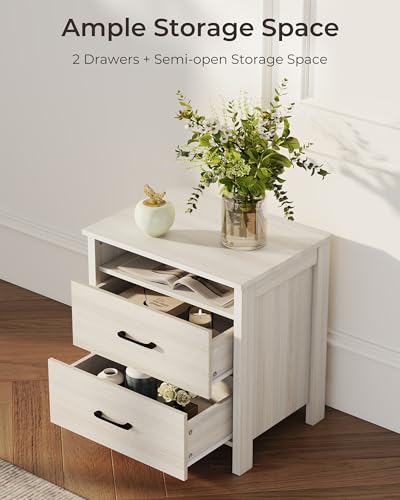 Farmhouse Nightstand with 2 Drawers, Rustic Wooden Nightstand with Bedside Table, Side End Table with Open Shelf for Bedroom, Grey - color: Light Gray, size: 1 Piece