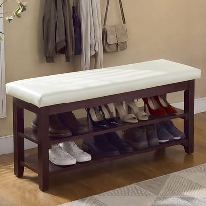 40" Faux Leather Shoe Storage Bench Entryway, Upholstered Bench with Leather Cushion, Solid Wooden 2 Tier Rack Shoe Organizer for Entry Way, Bedroom, Living Room, Beige - color: Beige