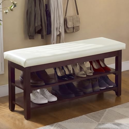 40" Faux Leather Shoe Storage Bench Entryway, Upholstered Bench with Leather Cushion, Solid Wooden 2 Tier Rack Shoe Organizer for Entry Way, Bedroom, Living Room, Beige - color: Beige