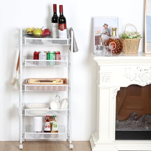 Fruit Vegetable Basket Storage Cart 5 Tier Stackable Metal Mesh Storage Basket with 360 Degree Wheels 41 Inch High Kitchen Storage Cart Snack Cart Kitchen Pantry Bathroom Cart (White) - color: White