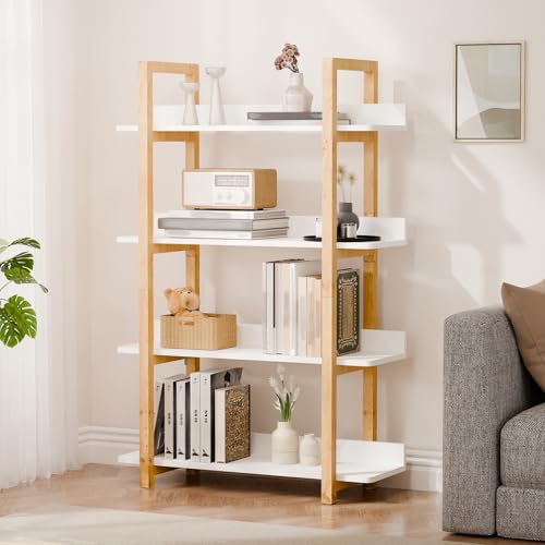 4-Tier Solid Wood Bookshelf, Modern Storage Rack with Anti-Tipping Devices | Supports Up to 400 LBS in Total | 0.60" Shelves | Back Protective Edge | For Bedroom, Living Room, Study | Home Office - color: Log