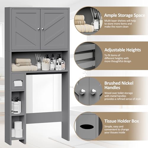 Farmhouse Storage Cabinet Over Toilet with Toilet Paper Holder Stand, Freestanding Bathroom Storage Organizer Cabinet, Grey - color: Grey