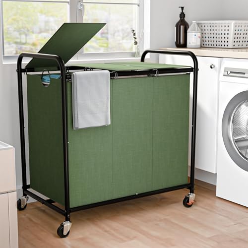 180L (47.55 Gal) Laundry Sorter 3 Section, Rolling Laundry Basket with Lockable Wheels and Lid, Laundry Hamper with 3 Separated Removable Bags Dirty Clothes Hamper for Laundry Room Organizer, Green - color: Green-3Sec, size: 47.55Gal