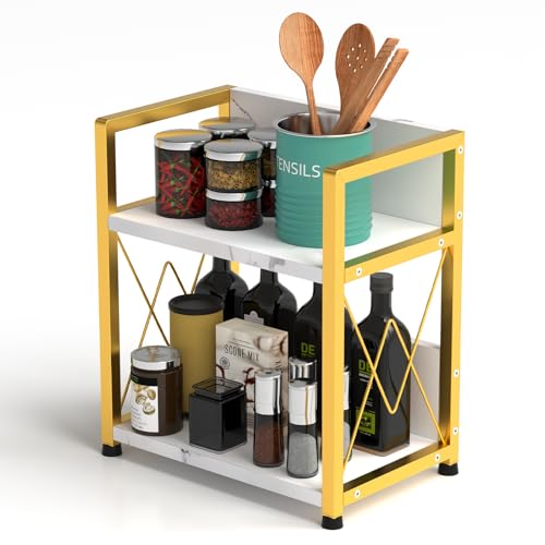 Aduanbang Coffee Bar Accessories Organizer, 2 Tier Wooden Kitchen Counter Shelf, Coffee Organizer Station for Countertop, Condiment Rack for Mugs, Cups, Cream, Syrup - color: Whtie Marble + Gold