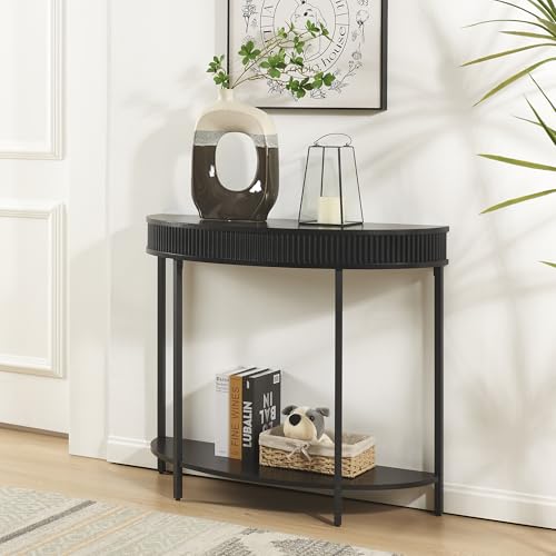 Fluted Half Moon Console Table, Modern 2-Tier Black Entryway Console | Sofa Back Table for Living Room, Hallway & Foyer (36" Width) - style: Basic