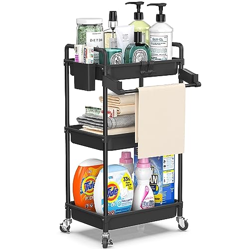 SPACEKEEPER Rolling Storage Cart, 3 Tier Utility Cart Laundry Room Organization Mobile Shelving Unit Bathroom Organizer with Towel Rack, Lockable Wheel, Hooks & Cup for Kitchen Office, Black - color: Black, size: 3-Tier