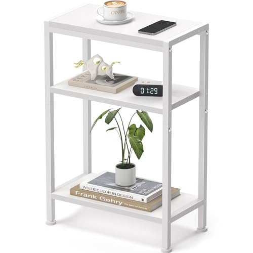 Narrow Side Table for Small Space, 3 Tier Slim End Table, Thin Nightstand, Skinny Snack Couch Table, Sofa Bedside Table, Tall Plant Stand in Living Room, Bedroom, Study, Kitchen and Balcony (White) - color: White, size: 3-Tier (7.9''D*17''W*26.6''H)