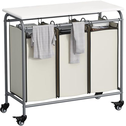 LINZINAR 3-Bag Laundry Hamper with Ironing Board, Beige 135L Laundry Sorter | Laundry Room Organization with Heavy Duty Rolling Lockable Wheels and Removable Bag, Bedroom Laundry Cart for Clothes Storage - size: 3 Bags Beige with Board