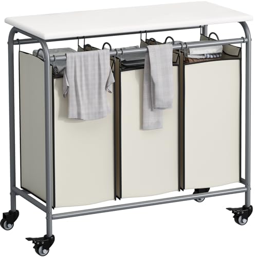 LINZINAR 3-Bag Laundry Hamper with Ironing Board, Beige 135L Laundry Sorter | Laundry Room Organization with Heavy Duty Rolling Lockable Wheels and Removable Bag, Bedroom Laundry Cart for Clothes Storage - size: 3 Bags Beige with Board