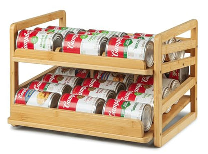 Bamboo Rolling Can Organizer for Pantry, Stackable 2 Tier Canned Food Organizer Rack for Storage, Kitchen Cabinet, Can Holders Dispensers for Pantry Up To 27 Cans