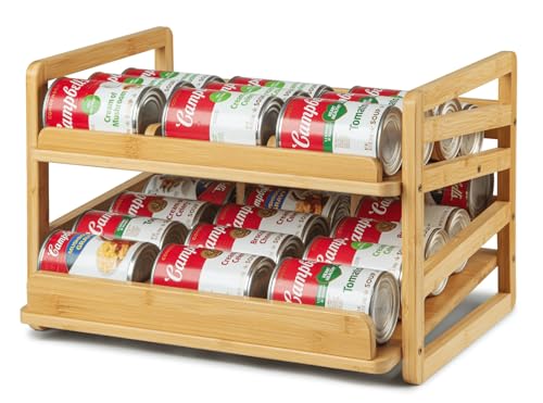 Bamboo Rolling Can Organizer for Pantry, Stackable 2 Tier Canned Food Organizer Rack for Storage, Kitchen Cabinet, Can Holders Dispensers for Pantry Up To 27 Cans