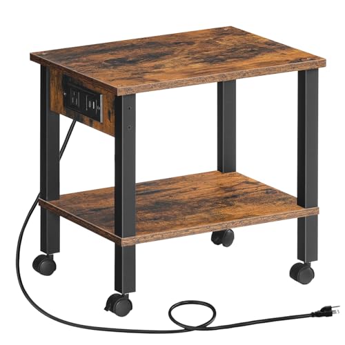 HOOBRO 2-Tier Printer Stand with Charging Station, Under Desk Printer Table, Printer Cart with Storage Shelves, Shelf for Small Spaces, for Home Office, Rustic Brown and Black BF38UPS01 - color: Rustic Brown + Black, size: 15"L x 11"W x 15"H