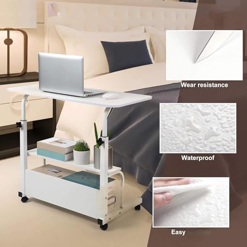 Adjustable Height Rolling Laptop Desk White Storage Drawer Side Table | 28-40in Height Adjustable,Rolling Wheels,Storage Drawer & Shelf,Waterproof Tabletop,Multi-Purpose Bedside Office Desk - color: White