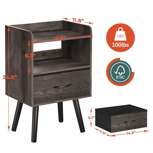 Yoobure Night Stand with Fabric Drawer, Modern Nightstand, Bedside Tables, Mid Century Nightstands with Open Storage Shelf, Wood Bedside Table, Small Night Stands for Bedrooms, 2-Tier Night Table - color: Charcoal Gray