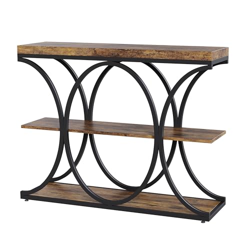 Garvee 39" Narrow Console Tables for Entryway, Industrial 3-Tier Sofa Table with Round Metal Base and Storage Shelves for Living Room, Hallway, Foyer, Retro Brown - color: Retro Brown