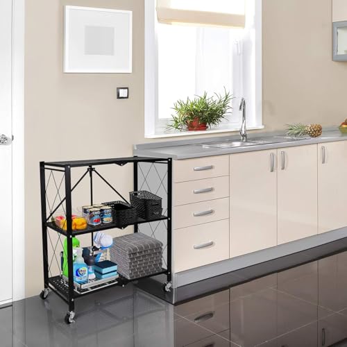 Kitchen Garage Metal Shelves, Storage Shelves Organizer, Foldable Metal Shelving, Closet Shelving Unit, 28" W x 14" D x 34" H Bakers Rack Microwave Stand, Plant Stand with Wheels (3-Tier Shelf) - color: 3-tier Shelf