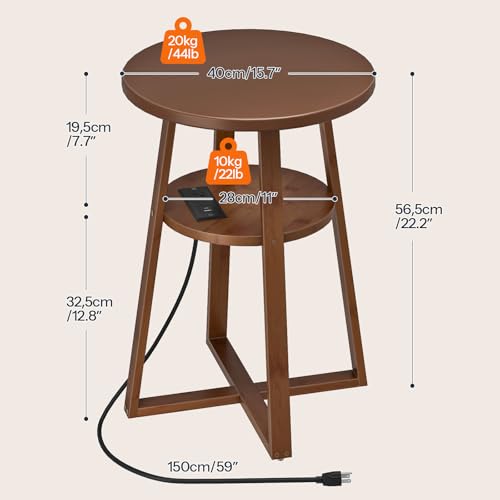 HOOBRO Round Side Table with Charging Station, Round Accent End Table with Bamboo Legs for Living Room, Bedroom, Brown, BR101UBZ01 - color: Brown