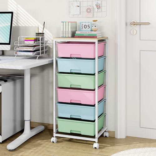 Rolling Storage Cart with 6 Drawers and Wooden Tabletop, Lockable Wheels Utility Cart for Art Studios, Office Supplies & Craft Room Organization (Rainbow) - color: Rainbow