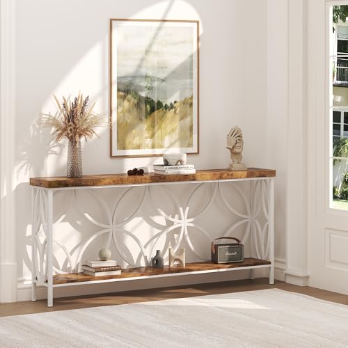 karlott 70.9 inch Extra Long Sofa Table, Industrial Console Table Behind Couch with 2 Tier Storage Shelf, Narrow Entryway Table for Entryway, Living Room, Foyer, Hallway, Unique Design, White - color: White