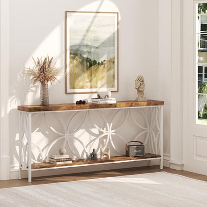 karlott 70.9 inch Extra Long Sofa Table, Industrial Console Table Behind Couch with 2 Tier Storage Shelf, Narrow Entryway Table for Entryway, Living Room, Foyer, Hallway, Unique Design, White - color: White