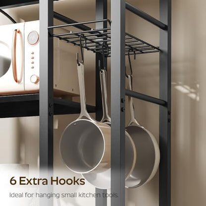 YATINEY Movable Bakers Rack, Microwave Stand with Charging Station, Kitchen Storage Rack with Hooks and Basket, Casters and Adjustable Feet, for Small Space, Kitchen, Dining Room, Black HB04UBB - color: Black