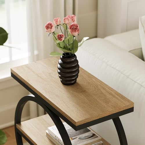 LITTLE TREE End Table Set 2, Side Table with 3-Tier Storage Shelves, Small Sofa Side Table for Living Room, Wooden Side End Table with Double Round Metal Legs, Slim Nightstand and Bedside Table, Oak - color: Oak