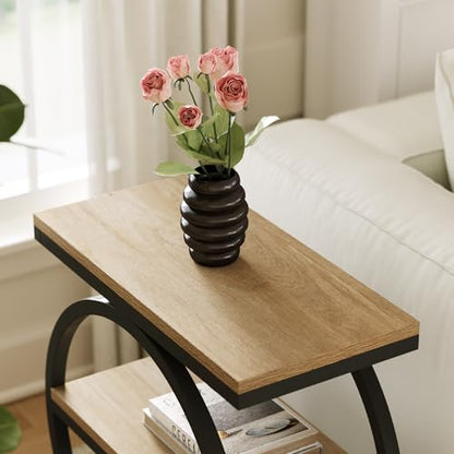LITTLE TREE End Table Set 2, Side Table with 3-Tier Storage Shelves, Small Sofa Side Table for Living Room, Wooden Side End Table with Double Round Metal Legs, Slim Nightstand and Bedside Table, Oak - color: Oak