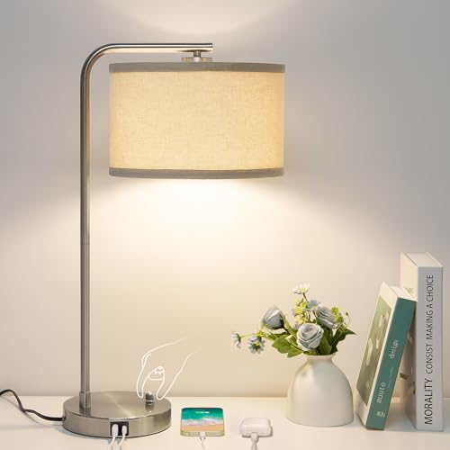 Table Lamp for Living Room, Modern Bedside Lamp with USB C+A Ports, Fully Dimmable Nightstand Lamp with Beige Drum Shade, Silver Finish Side Table Lamp for Bedroom Office, 3000K LED Bulb Included - color: Silver
