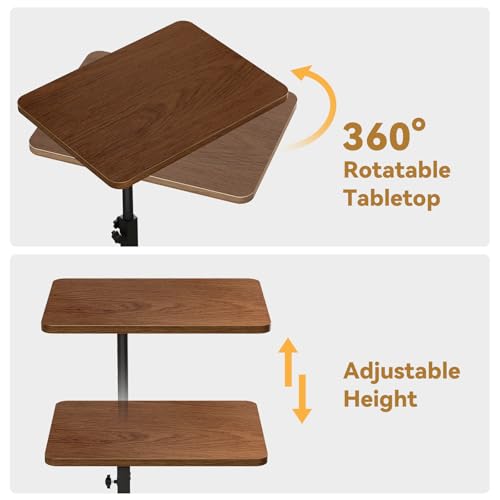 NiHome Minimalist Height Adjustable End Table, 360° Rotatable Sofa Armrest Side Tray Table, Adjustable Legs Space-Saving Couch Bedside Bathtub TV Tray C-Shaped End Table Snack Table for Eating (Brown)