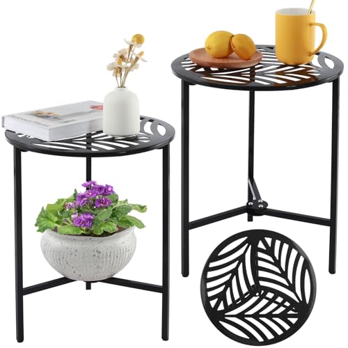Party Zealot Set of 2 Small Round Metal Side Tables, 13-Inch Black Outdoor End Tables for Patio, Balcony, Porch or Garden – Weather-Resistant Corner Coffee Table for Small Spaces & Indoor Plant Stand - color: Black Hollow Leaf, style: 13" x 2 packs