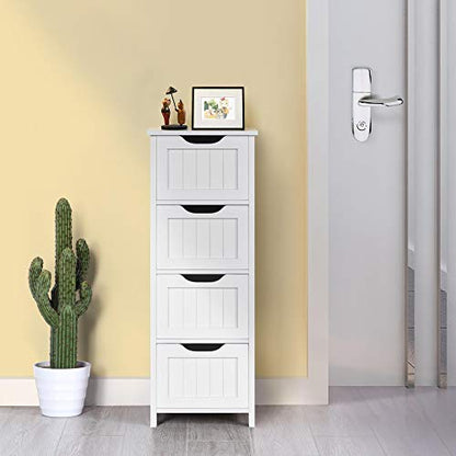 Topeakmart Wooden Free-Standing Cabinet Bathroom Cabinet Side Storage Organizer Unit Four Drawers for Bathroom and Kitchen - color: White