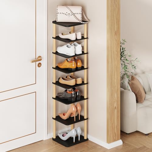 8 Tiers Vertical Shoe Rack, Tall Narrow Shoe Tower, Corner Shoe Rack, black | Small Shoe Organizer for Entryway, Closet, Dorm & Small Spaces, Freestanding Wooden Shoe Shelf for Boots, Sneakers, Heels. - color: Black