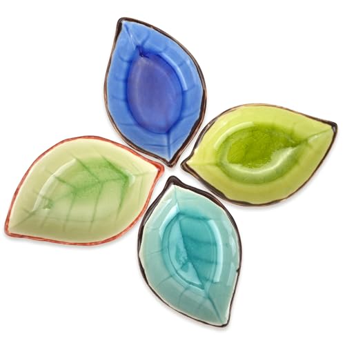CEYAZYE 4PCS Ceramic Coffee Spoon Rest, Table Decor | Mini Tea Spoon Leaf UtensilHolder for Kitchen Stove Counter Coffee Station Bar Accessories - color: Dark blue & green & yellow & light blue