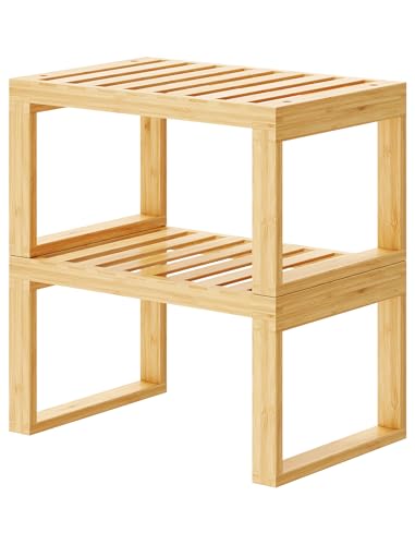 Tomorotec Bamboo Cabinet Shelf, 2 Pcs Kitchen Counter Shelf, Space-Saving Cabinet Organizer for Kitchen, Bathroom and Desk, Multifunctional Storage Rack for Spices, Cans, Toiletries and Stationery