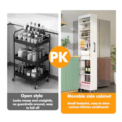 7 Tier Slim Storage Cart with Storage Shelf for Next to Fridge, Rolling Spice Rack with Handle for Small Spaces, Utility Cart with Double-Sided Spice Rack for Kitchen (White)