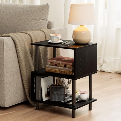Frylr Small Side Table, End Table and Nightstand with 3-Tier Wood Shelves, Sturdy Metal Frame with 44 LBS Capacity per Shelf, Easy to Assemble for Living Room or Bedroom,Black - color: Black, size: 1-Pack