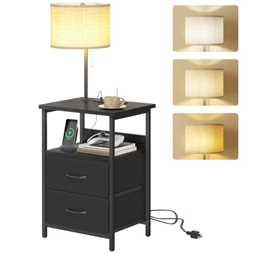 Fixwal Bedside Table with 3 Color Temperature Reading Light, Nightstand with LED Light & Charging Station End Table with Adjustable Fabric Drawer for Bedroom, Dorm, Black - color: Black, size: 23.6"H (2 drawers), style: Power+Lamp (1pc)