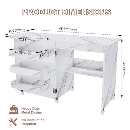 4-in-1 Folding Sewing Table with Storage (45 Inch) | Sewing Desk Foldable with Lockable Wheels & Power Socket, Sewings Machine Cabinet & Craft Desk with Shelves, Compact Design - color: White, size: 45 Inch